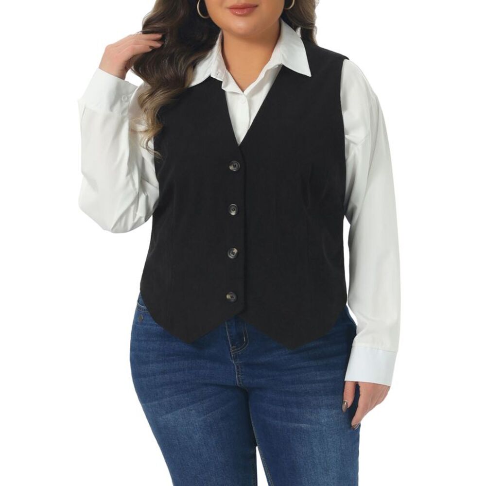 Women Plus Size Corduroy V Neck Button Lined Work Vest Jacket Black
